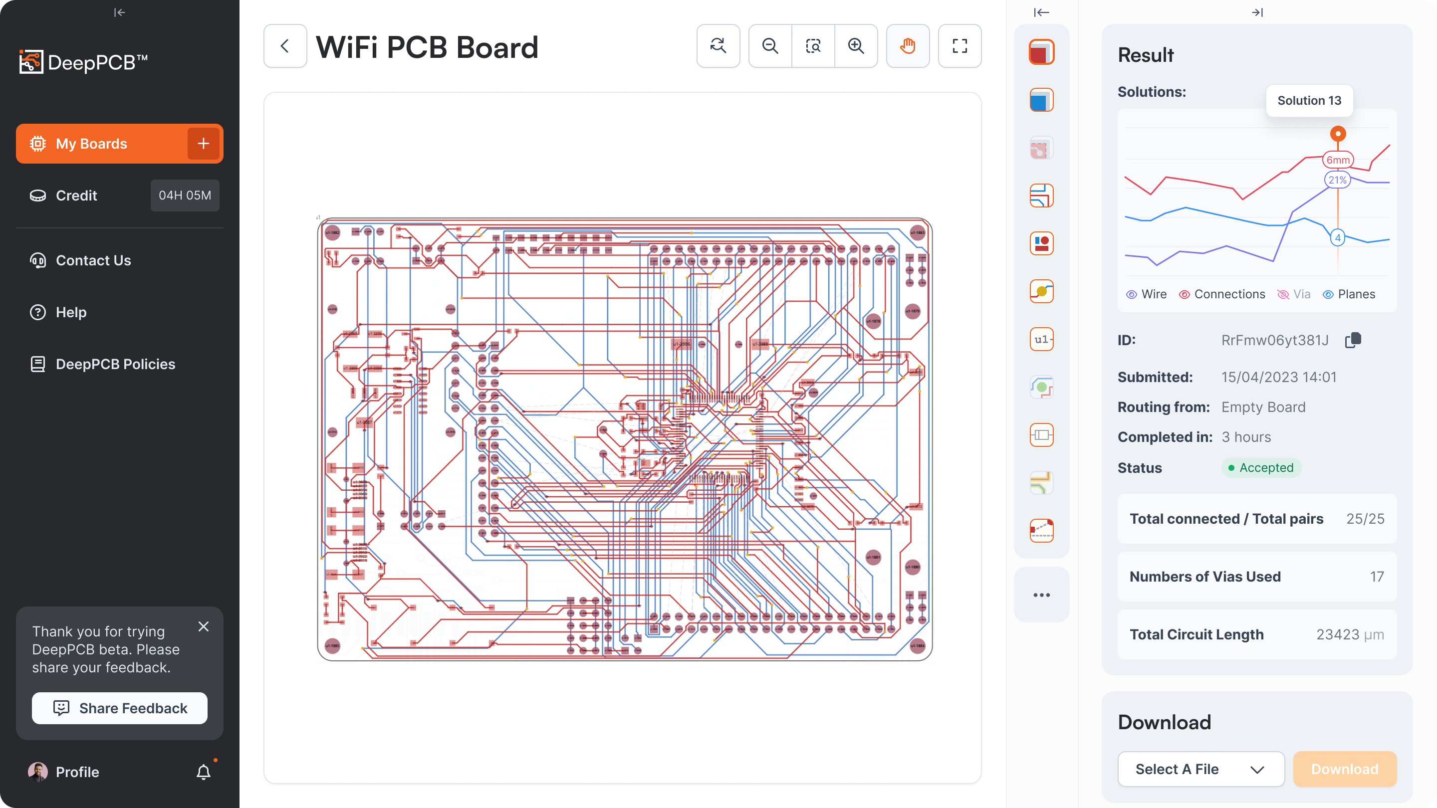 deepPCB platform dashboard that shows a wifi PCB broad with different routes. DeepPCB offers you to apply different layers to the board. In the right side, there is the results of the experiment showing statistics about the execution time, total connected pairs, total circuit lenght and so.