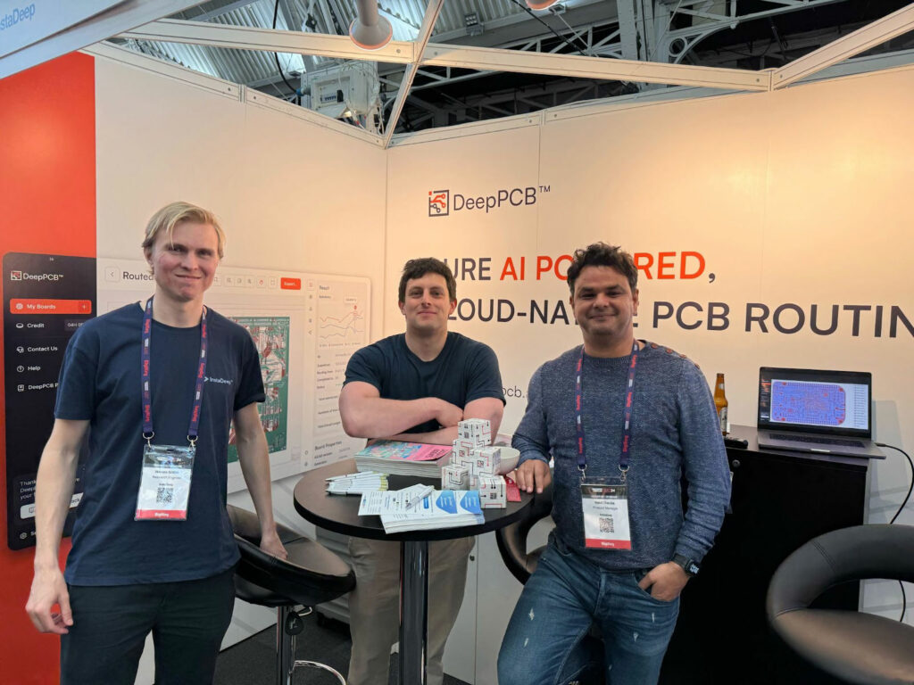 The DeepPCB team at Hardware Pioneers: London, UK. From left to right: Hannes Griffith, Tristan Kalloniatis, Nabil Chouba.