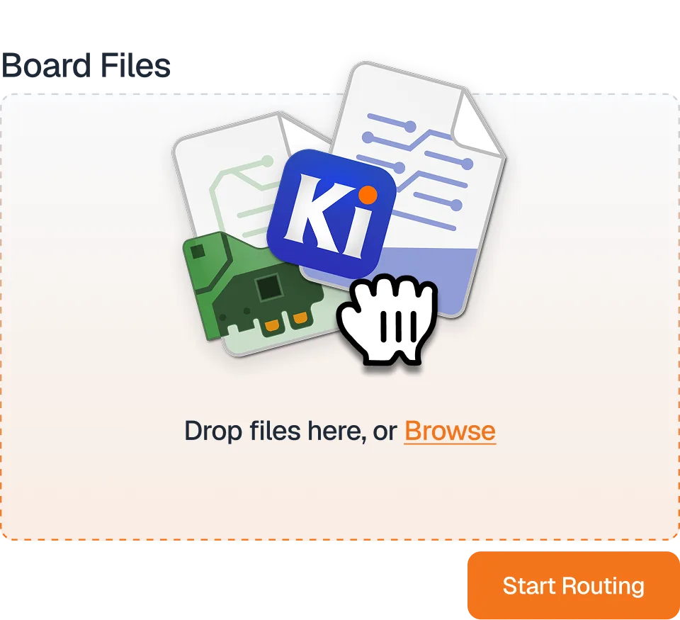 DeepPCB board files upload area with KiCad project files dropped in to start autorouting